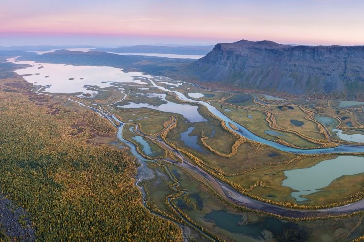 Panoramic view over Rapadalen from summit of Skierfe, Sarek National Park, Lapland, Sweden