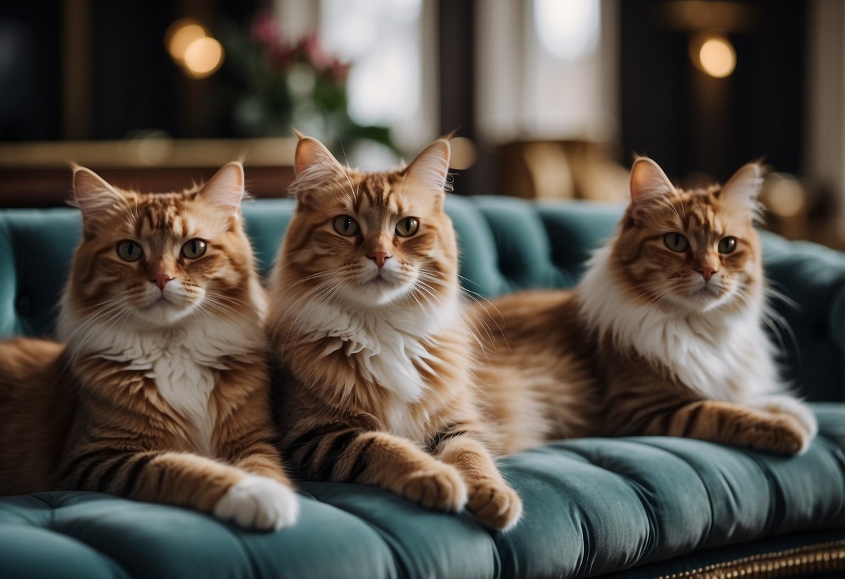 A luxurious room filled with elegant cat breeds lounging on plush pillows and ornate furniture, showcasing their regal and expensive nature