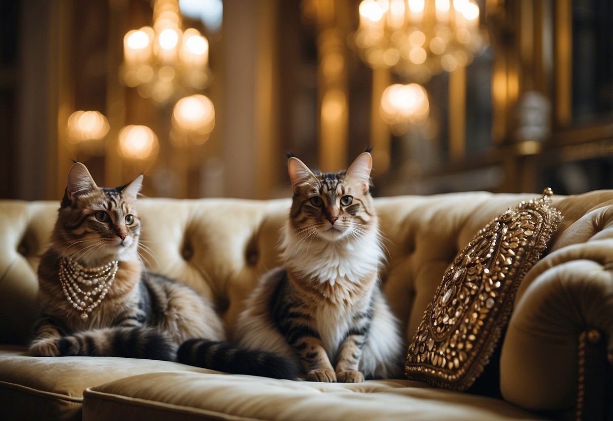 Ashera cats lounging on luxurious velvet cushions in an opulent, ornate room with gold accents and crystal chandeliers