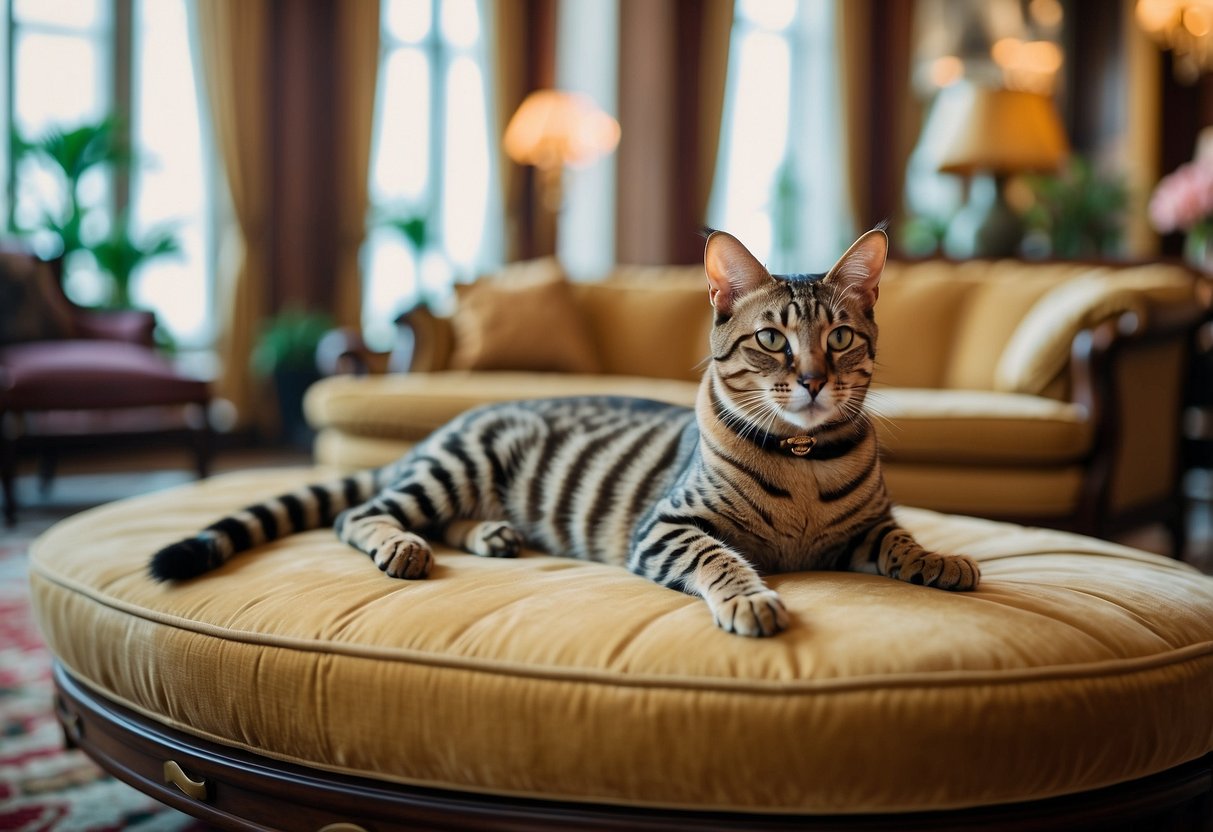 A luxurious Savannah cat lounges in a regal setting, surrounded by opulent decor and elegant furnishings, exuding an air of exclusivity and sophistication
