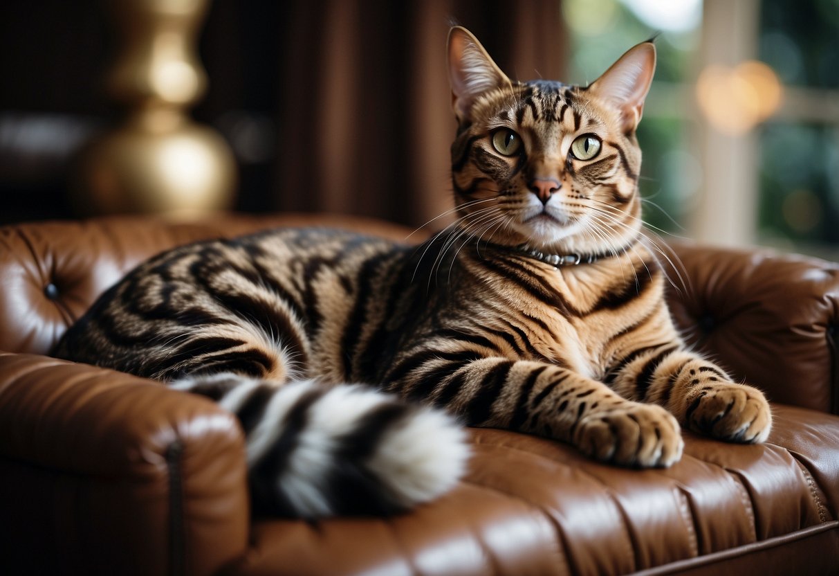 A majestic Bengal cat lounges on a plush velvet cushion, surrounded by opulent decor and luxurious furnishings, exuding an air of elegance and exclusivity