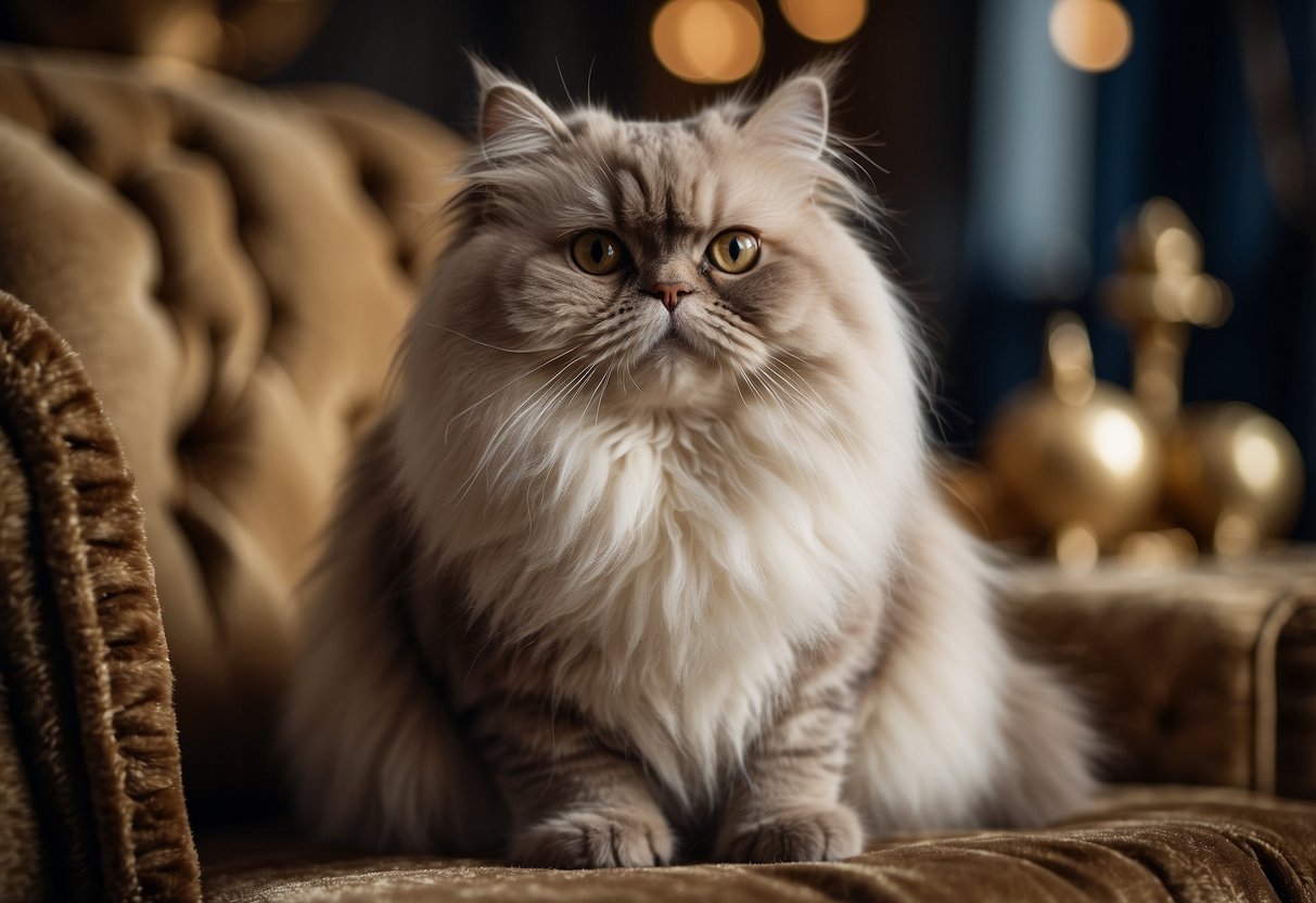 A luxurious Persian cat sits on a velvet cushion, surrounded by opulent decor and expensive toys, showcasing its regal and expensive nature