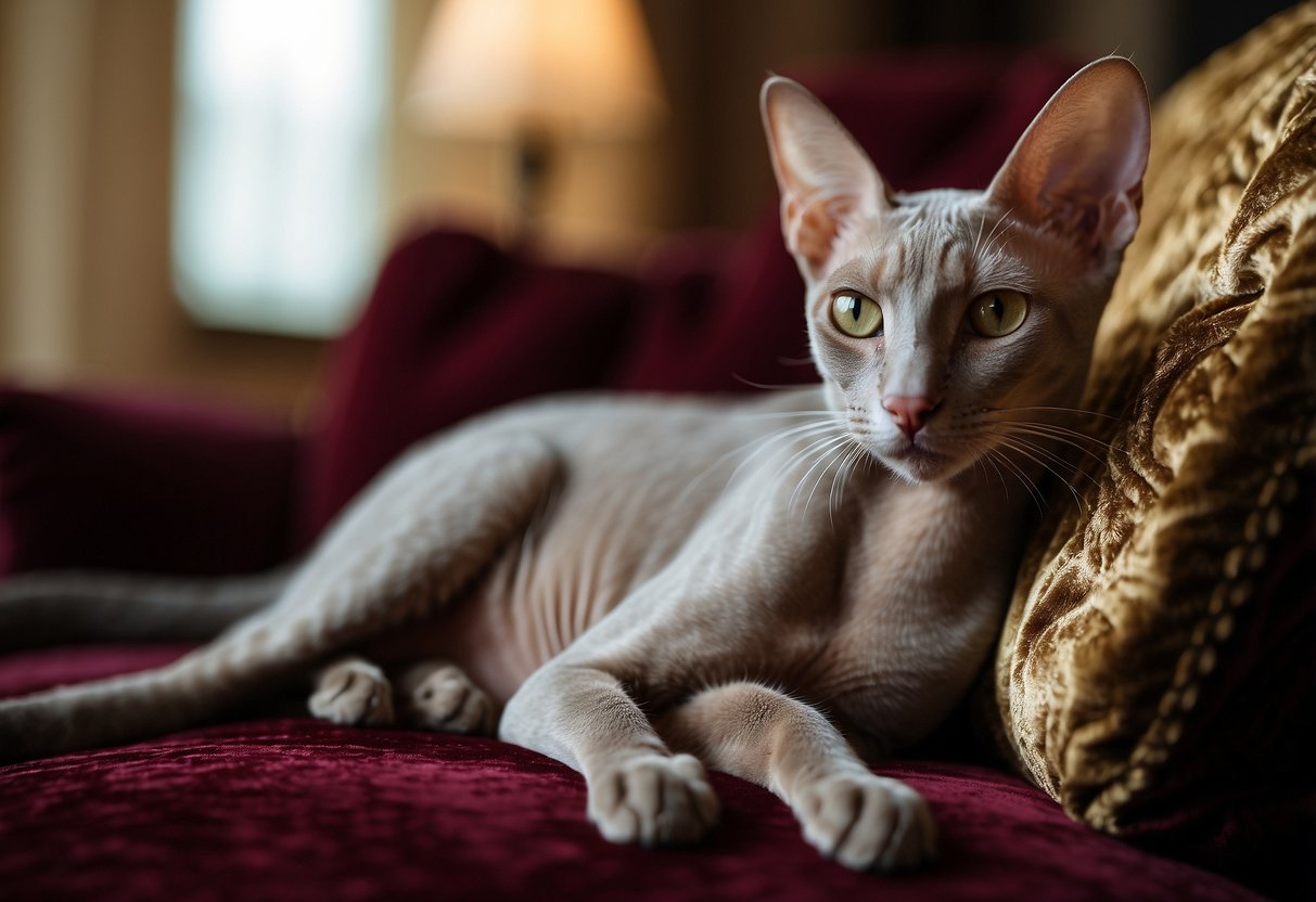 A Peterbald cat lounges on a luxurious velvet cushion, surrounded by opulent decor and elegant furnishings, exuding an air of regal sophistication