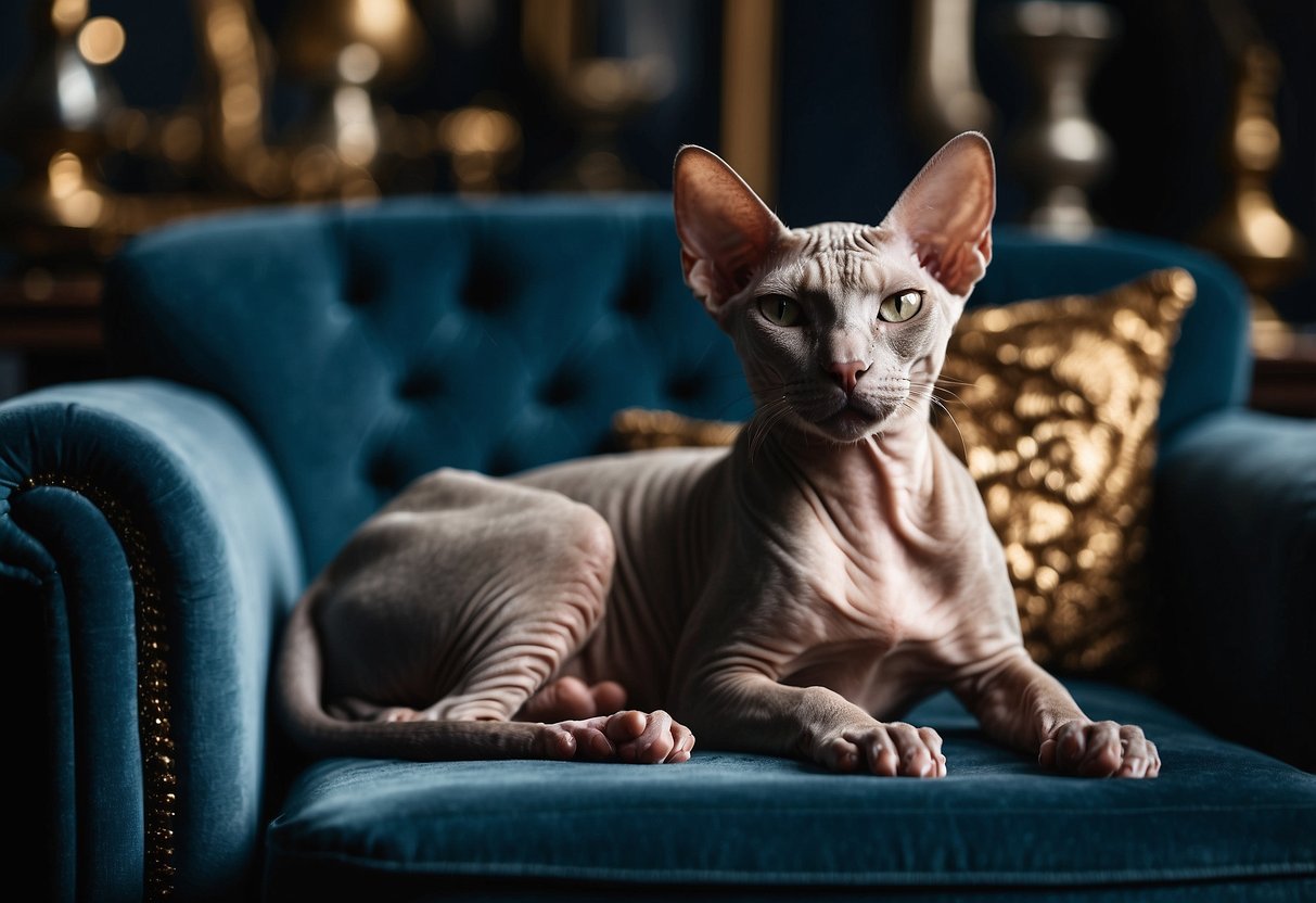 A regal Sphynx cat lounges on a luxurious velvet cushion, surrounded by opulent decor and expensive trinkets. Its sleek, hairless body exudes an air of elegance and exclusivity