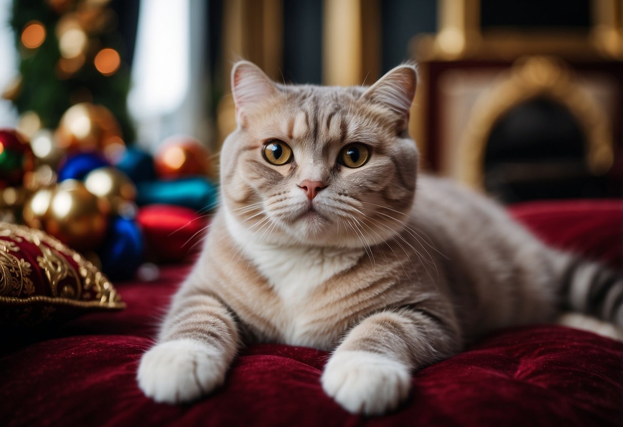 A Scottish Fold cat lounging on a luxurious velvet cushion, surrounded by opulent decor and expensive toys