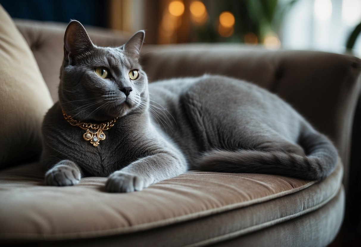 A regal Russian Blue cat lounges on a luxurious velvet cushion, surrounded by opulent decor and expensive trinkets, exuding an air of elegance and sophistication