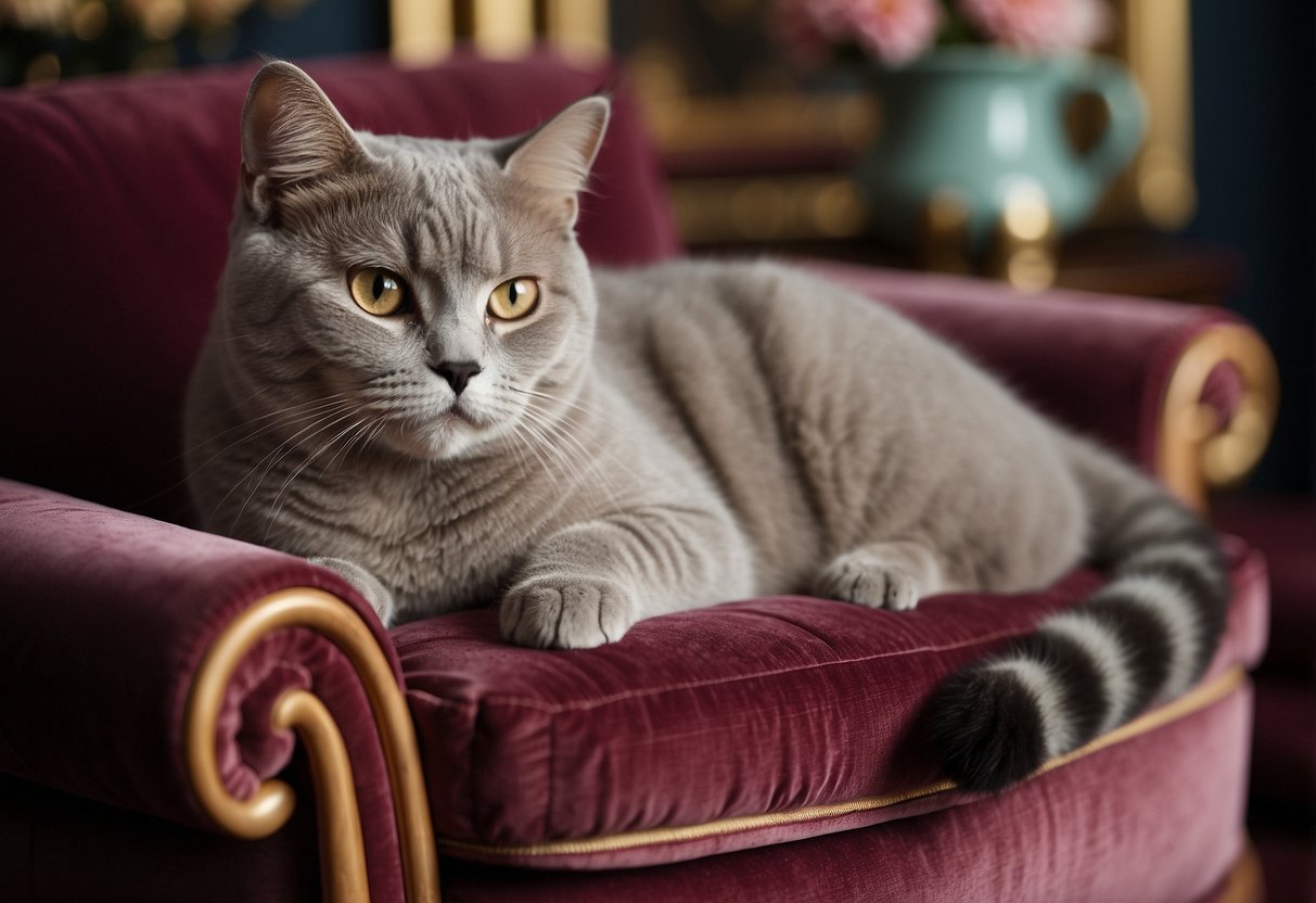 A regal British Shorthair lounges on a luxurious velvet cushion, surrounded by opulent decor and expensive cat accessories