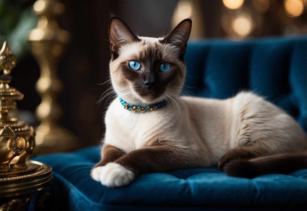 A regal Siamese cat sits on a luxurious velvet cushion, surrounded by opulent decor and expensive trinkets. Its sleek, slender body and striking blue eyes exude elegance and sophistication