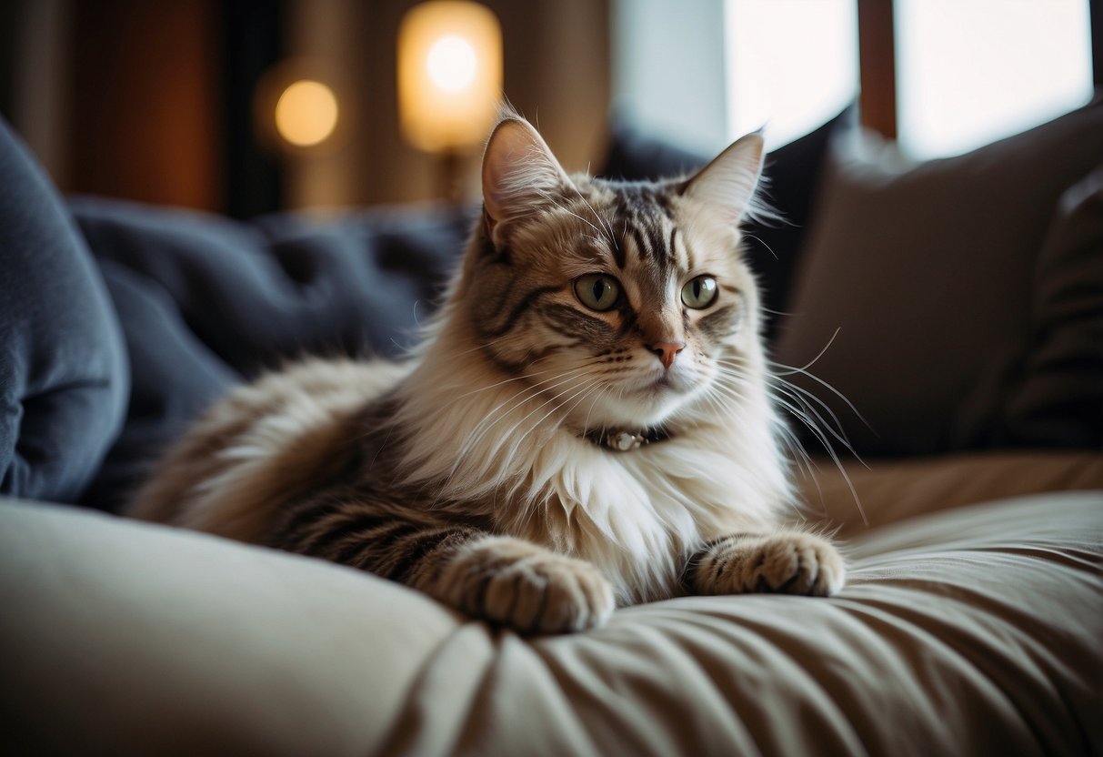 A ragamuffin cat lounges on a plush velvet cushion surrounded by opulent décor, exuding an air of luxury and exclusivity