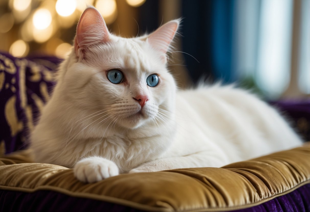 A regal Khao Manee cat sits on a luxurious velvet cushion, its pure white fur gleaming in the soft light, with striking blue and gold eyes that exude elegance and opulence