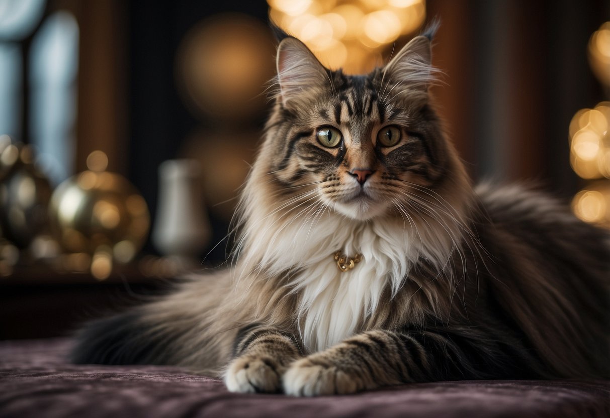 A majestic Norwegian Forest cat sits among luxurious surroundings, surrounded by opulent items to convey its status as one of the 20 most expensive cat breeds
