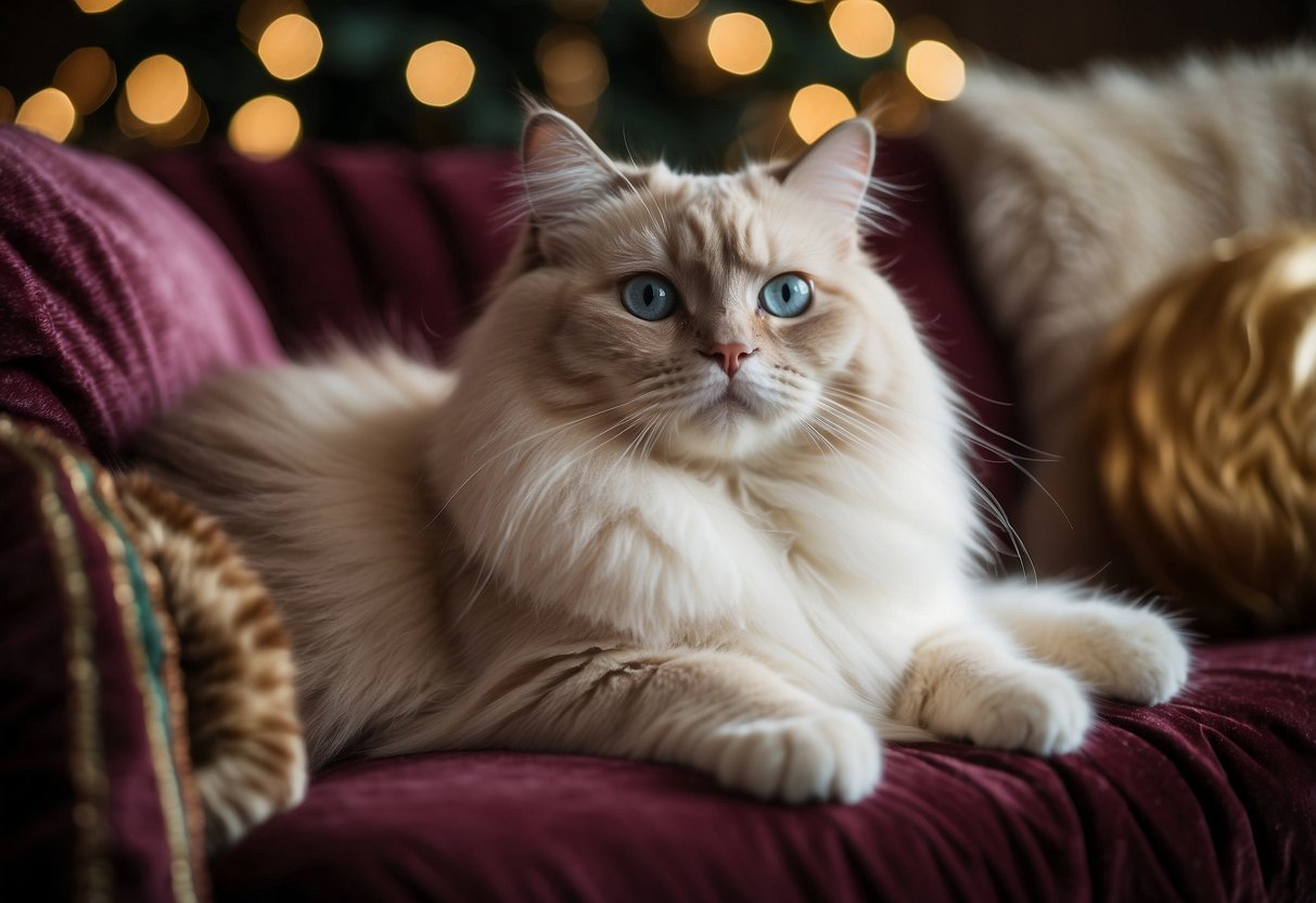 A luxurious ragdoll cat lounges on a plush velvet cushion, surrounded by opulent decor and expensive cat toys