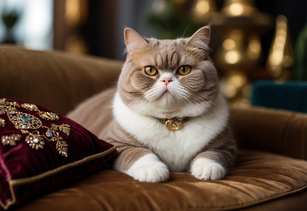 An Exotic Shorthair cat lounges on a luxurious velvet cushion, surrounded by opulent décor and expensive trinkets, showcasing its regal and expensive breed