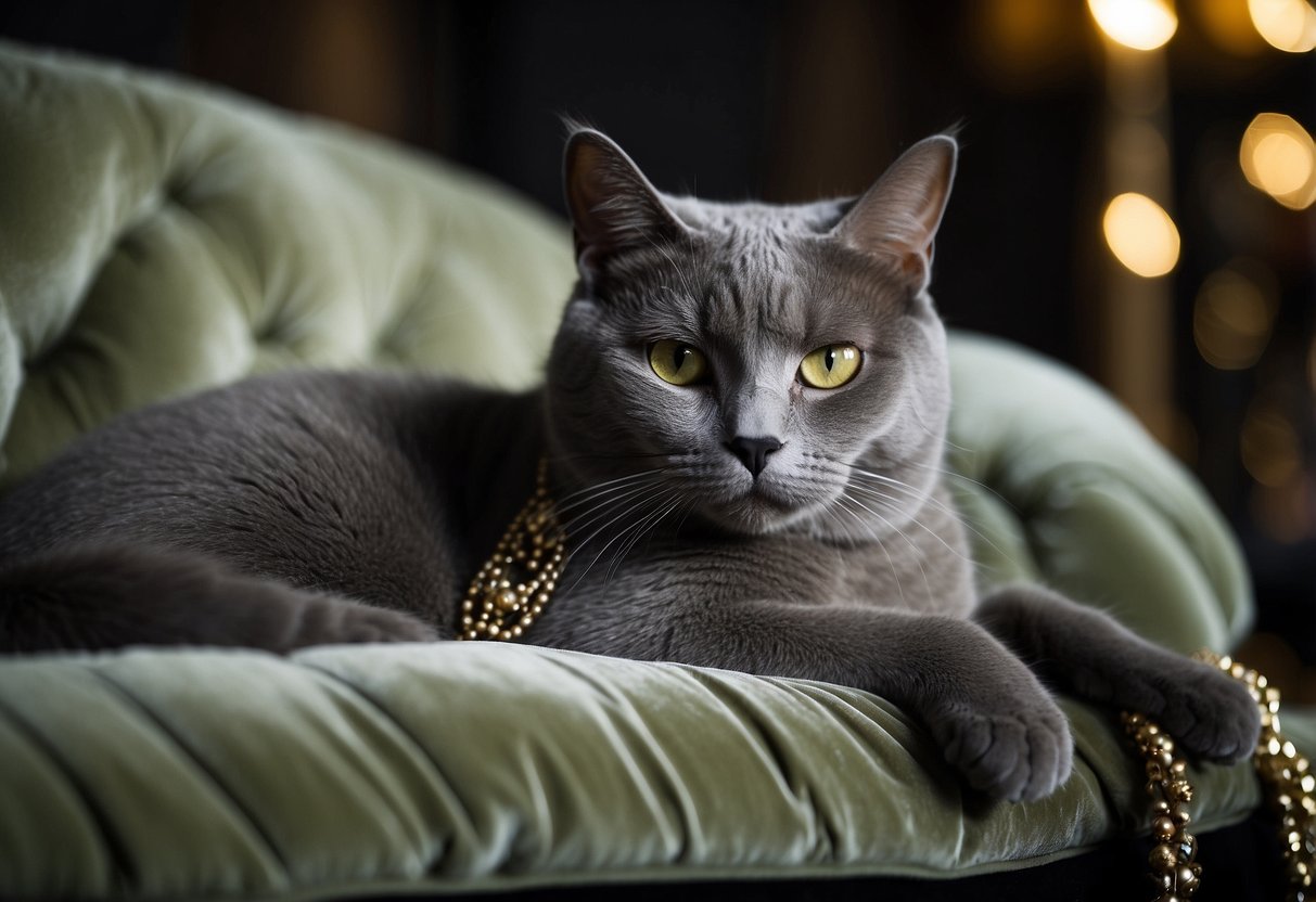 A regal Chartreux cat lounges on a luxurious velvet cushion, surrounded by opulent decor and expensive trinkets, exuding an air of elegance and sophistication