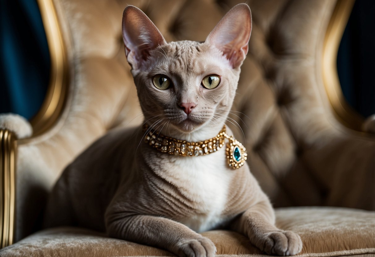 A sleek Devon Rex cat sits on a luxurious velvet cushion, surrounded by opulent decor and expensive trinkets. Its elegant posture and unique appearance exude an air of exclusivity and sophistication