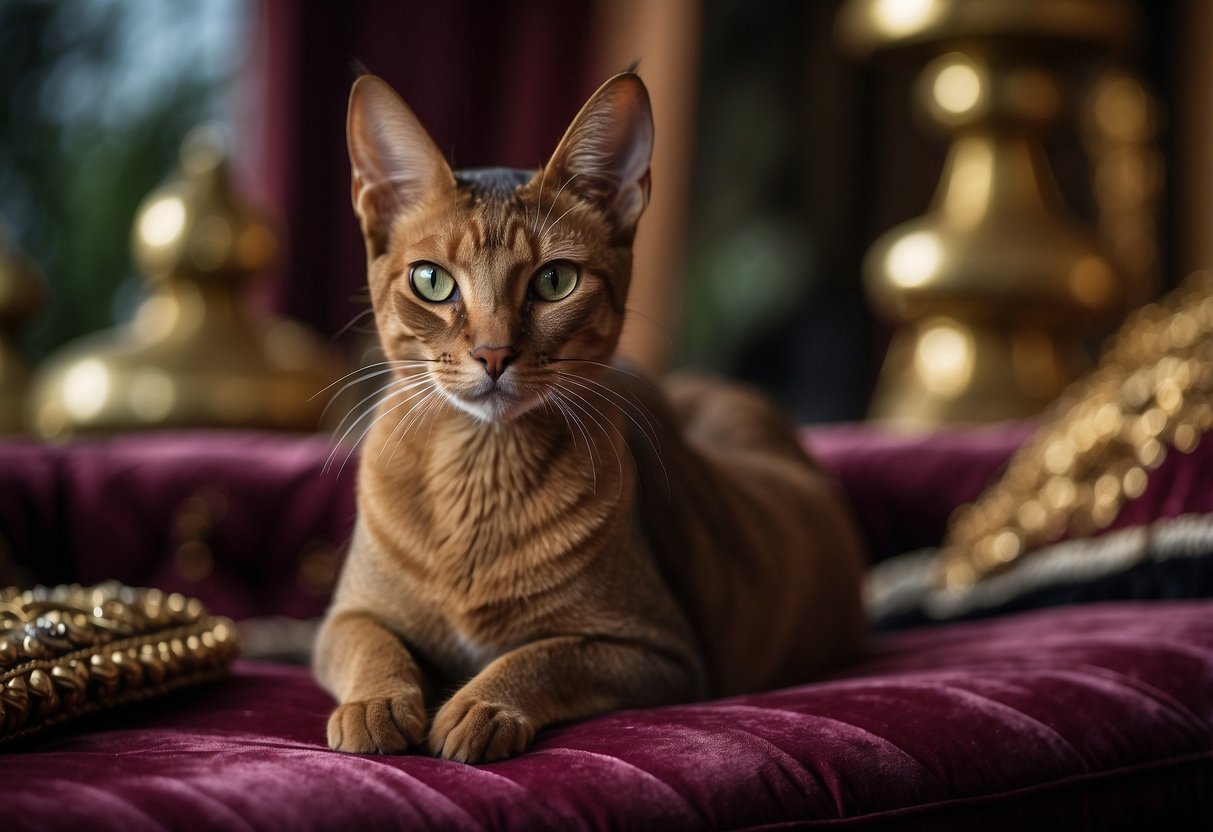 An Abyssinian cat sits elegantly on a luxurious velvet cushion, surrounded by opulent decor and expensive trinkets, exuding an air of regal sophistication