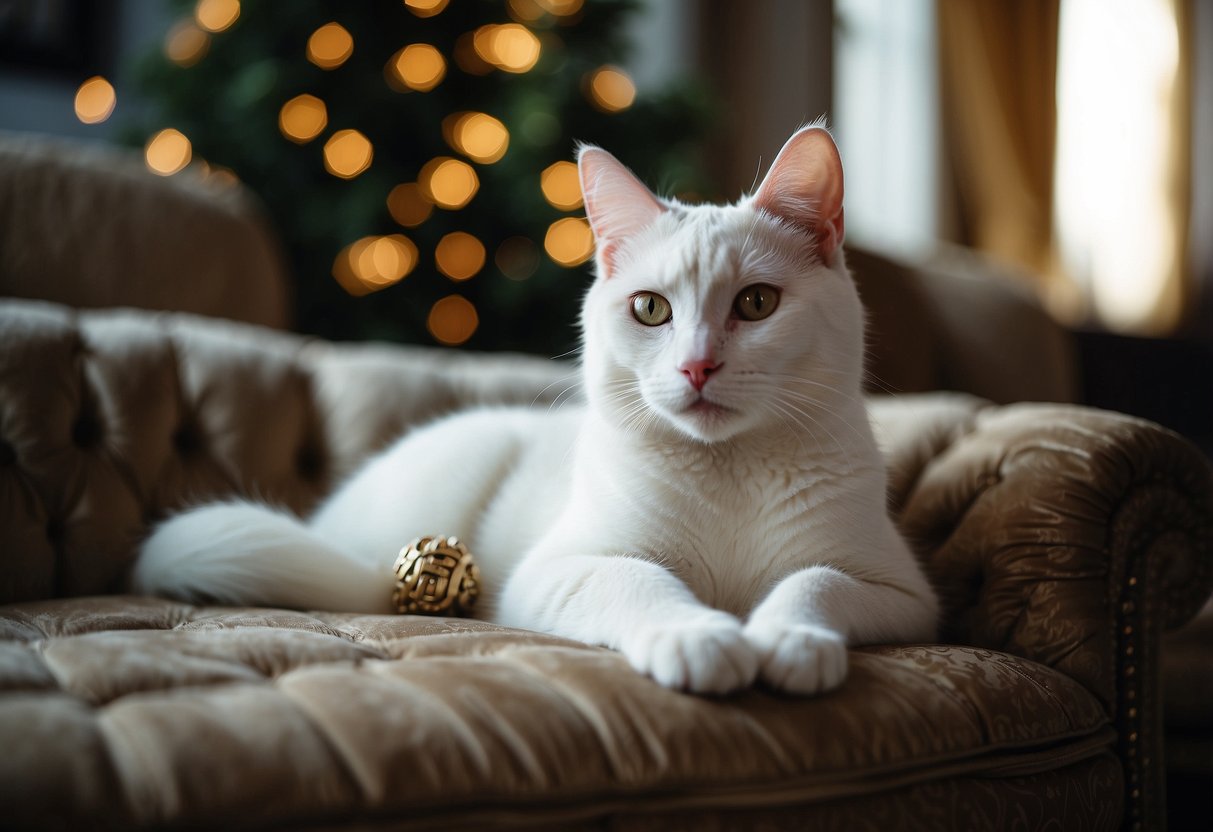 A majestic Turkish Van cat lounges on a luxurious velvet cushion, surrounded by opulent decor and elegant furnishings