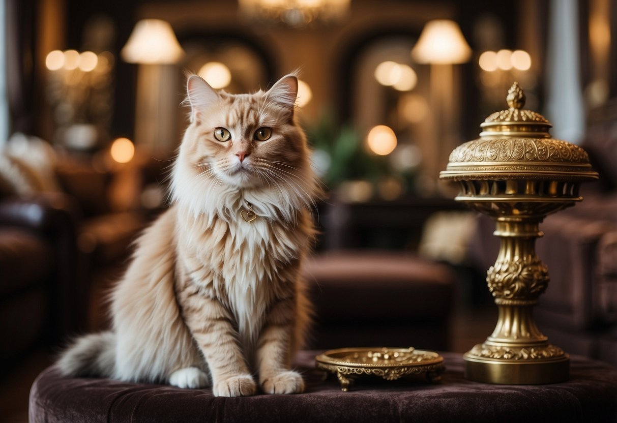 A lavish room filled with opulent furniture and decor, showcasing the historical background of the 20 most expensive cat breeds