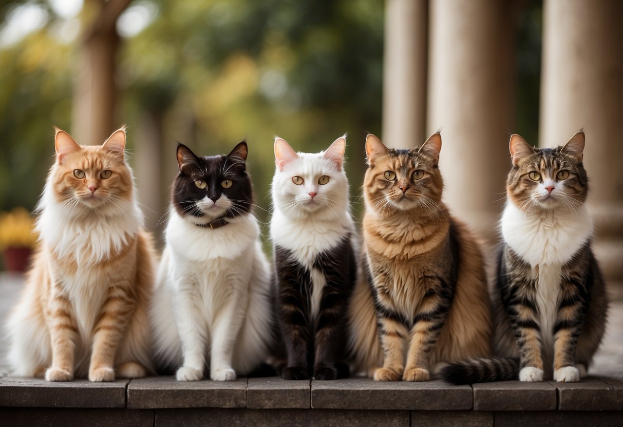 A lineup of 20 different cat breeds, each with a price tag indicating their value, set against a backdrop of a luxurious and elegant setting