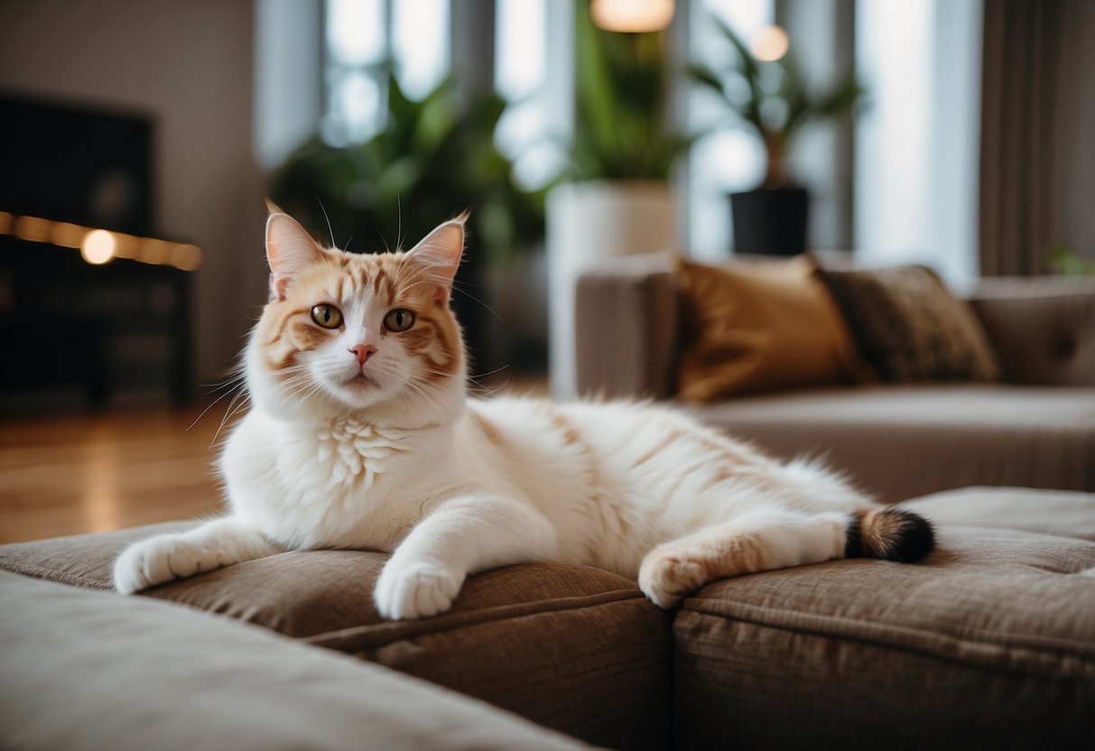 A luxurious room with plush furniture and cat trees. Expensive cat breeds lounging and playing with expensive toys. Rich and elegant decor surrounds them