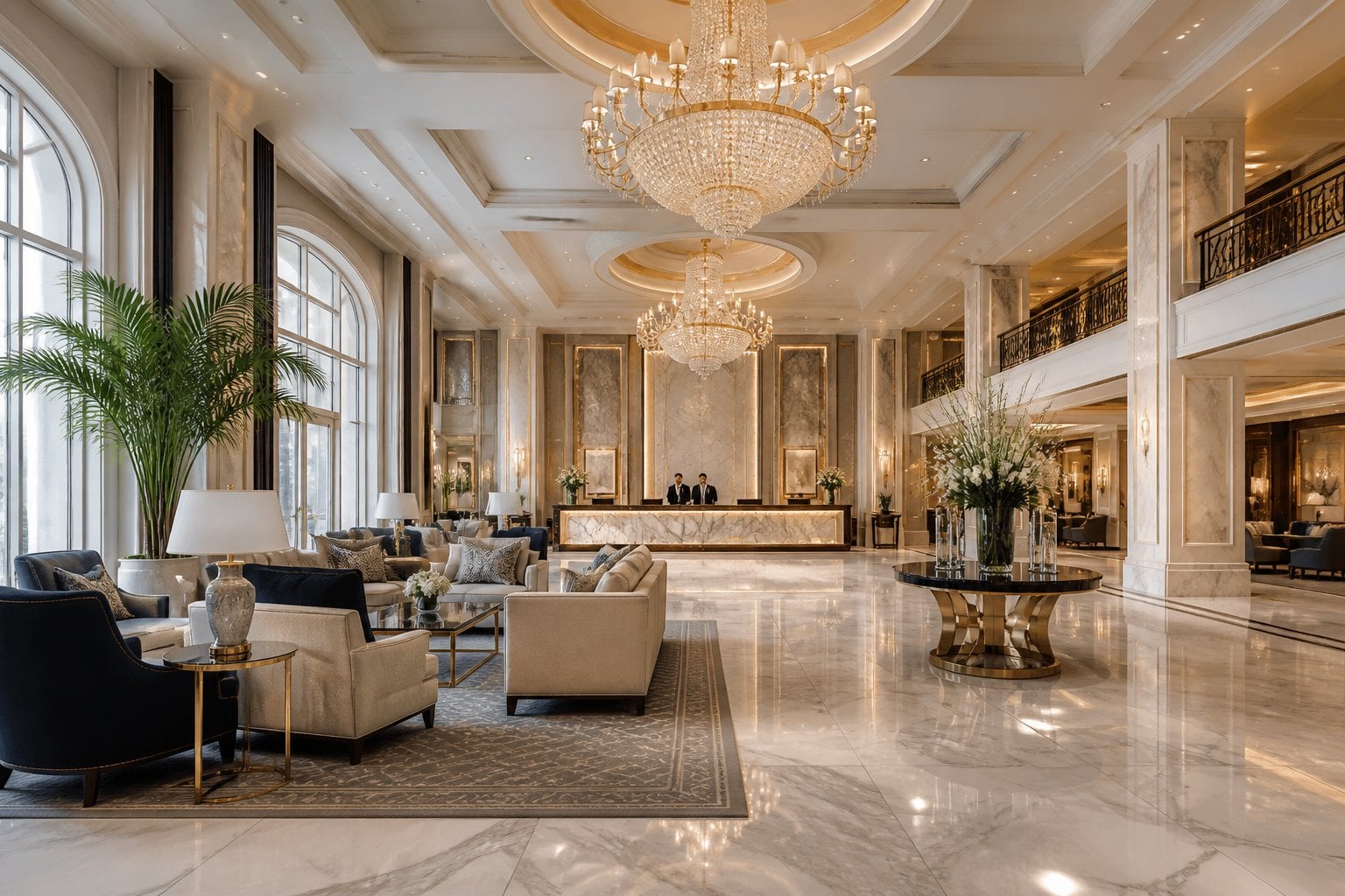 A grand hotel lobby with marble floors, chandeliers, plush seating, and a reception desk with staff.