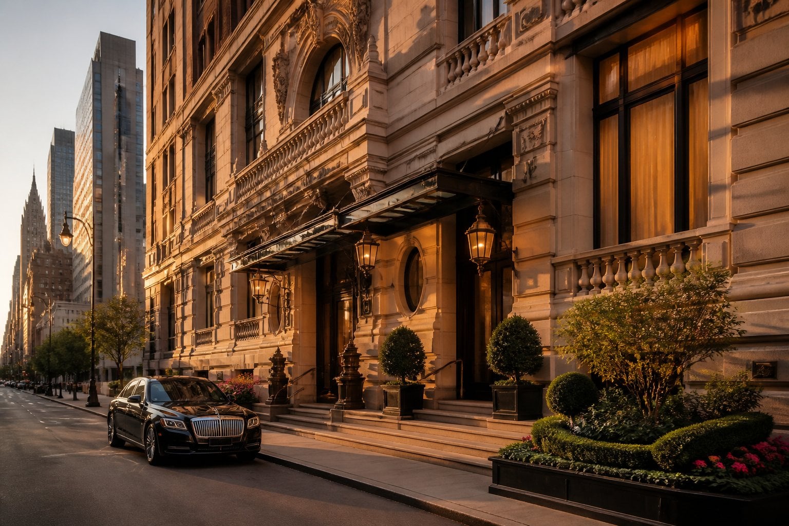 The grand exterior entrance of The St. Regis New York hotel with ornate architecture and a luxury car parked outside.
