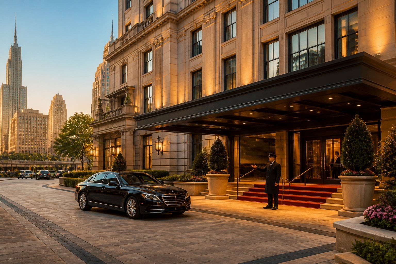 The elegant exterior entrance of The Peninsula Chicago hotel with a doorman and luxury car in front, set against a city backdrop.