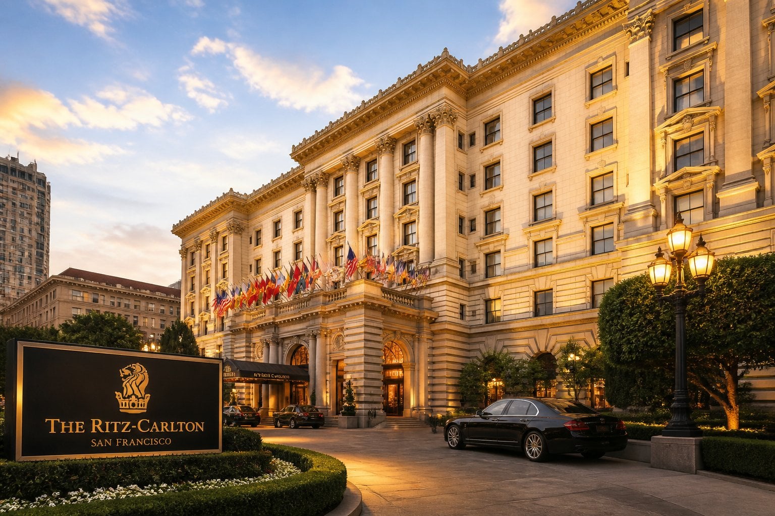 The grand exterior entrance of The Ritz-Carlton hotel in San Francisco with luxury cars and greenery in front.
