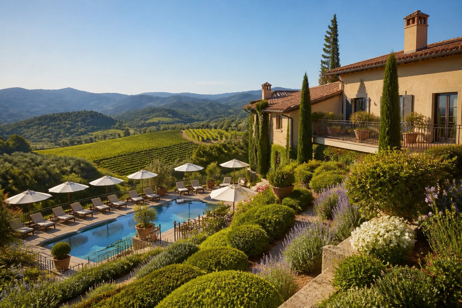 Exterior view of a luxurious hotel surrounded by gardens, a pool, and vineyards under a clear sky.