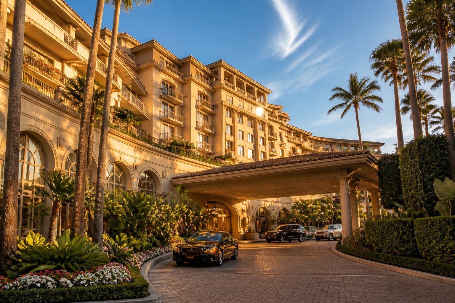 The exterior of The Peninsula Beverly Hills hotel with palm trees, a grand entrance, and luxury cars during sunset.