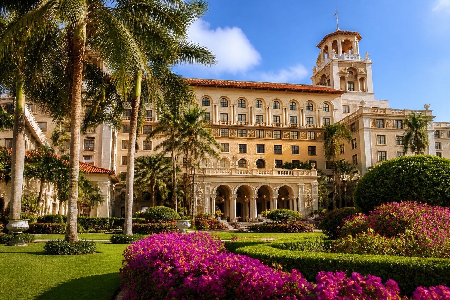 The grand exterior of The Breakers hotel with palm trees and tropical gardens under a clear blue sky.