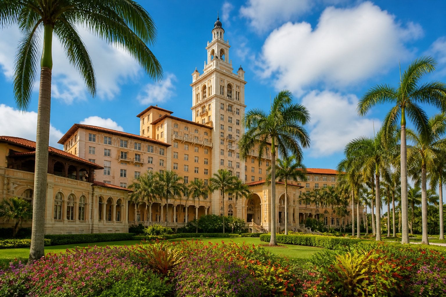 The Biltmore Hotel in Coral Gables with red-tiled roofs, palm trees, and a manicured garden under a blue sky.