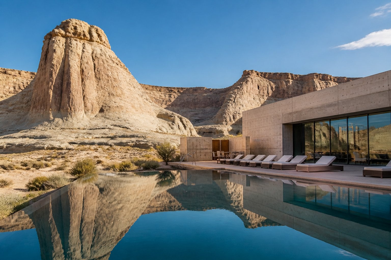A luxury desert resort with modern buildings and an infinity pool set against sandstone cliffs in Canyon Point, Utah.