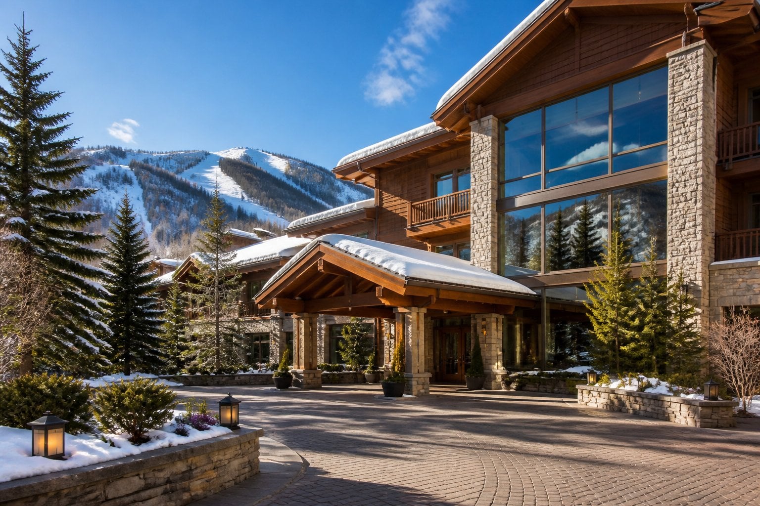 Exterior view of a luxury mountain hotel surrounded by snow-capped peaks and evergreen trees under a clear blue sky.