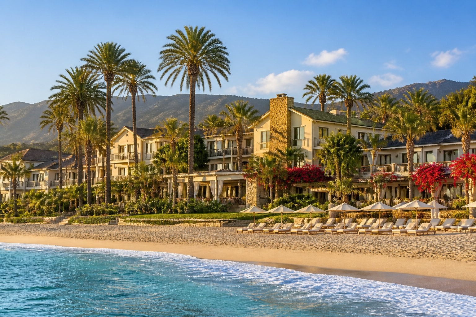 View of a luxurious beachfront hotel with palm trees, sandy beach, and calm ocean waves under soft sunlight.