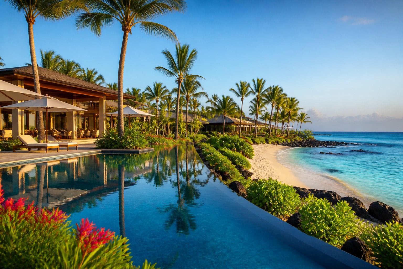 A luxurious beachfront resort with a pool, palm trees, and clear blue ocean under a sunny sky.