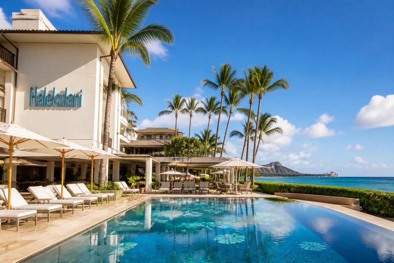 View of the Halekulani hotel in Honolulu with a swimming pool, palm trees, and the ocean in the background on a sunny day.
