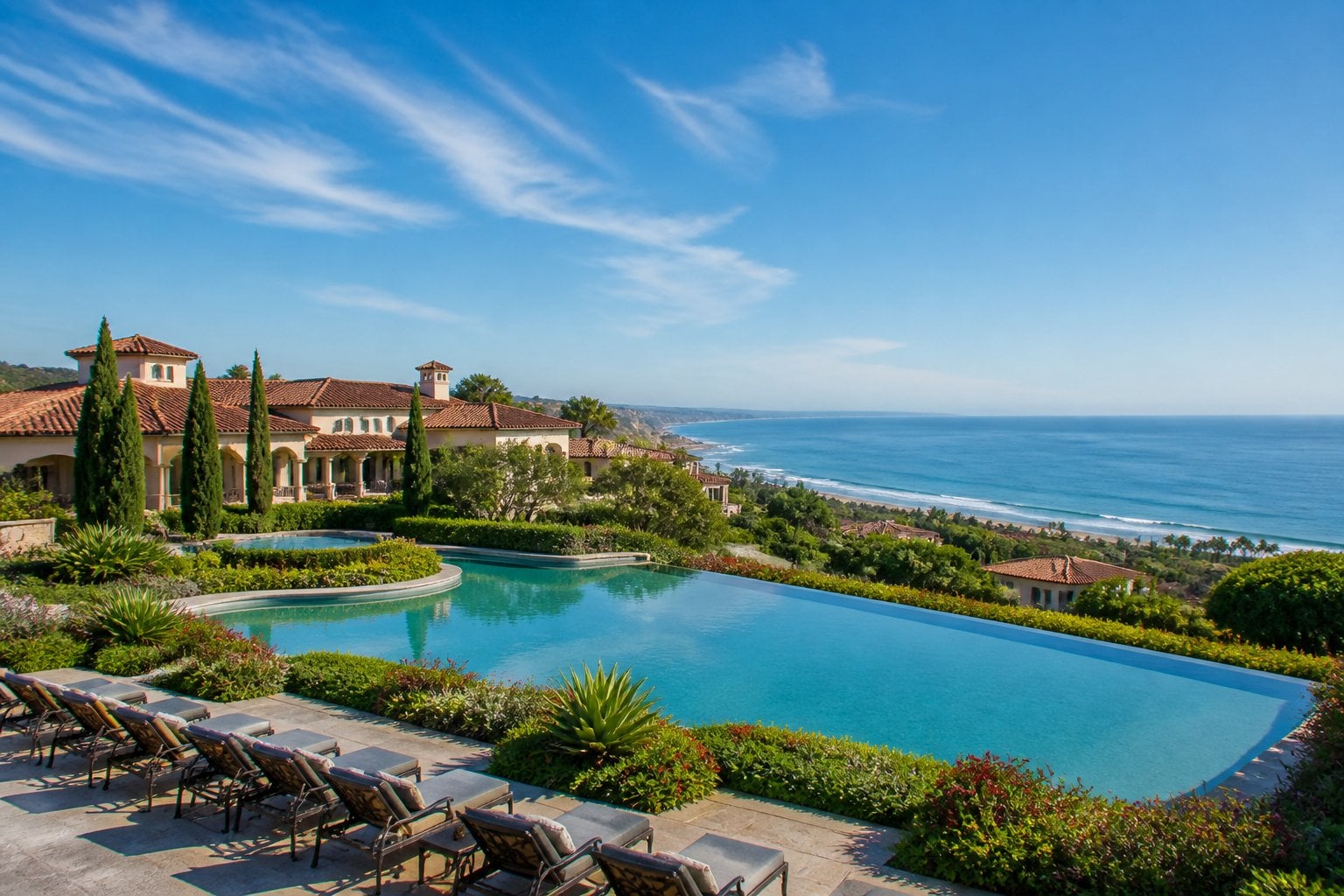 A luxurious resort with terracotta-roofed villas, an infinity pool, manicured gardens, and ocean views under a clear blue sky.