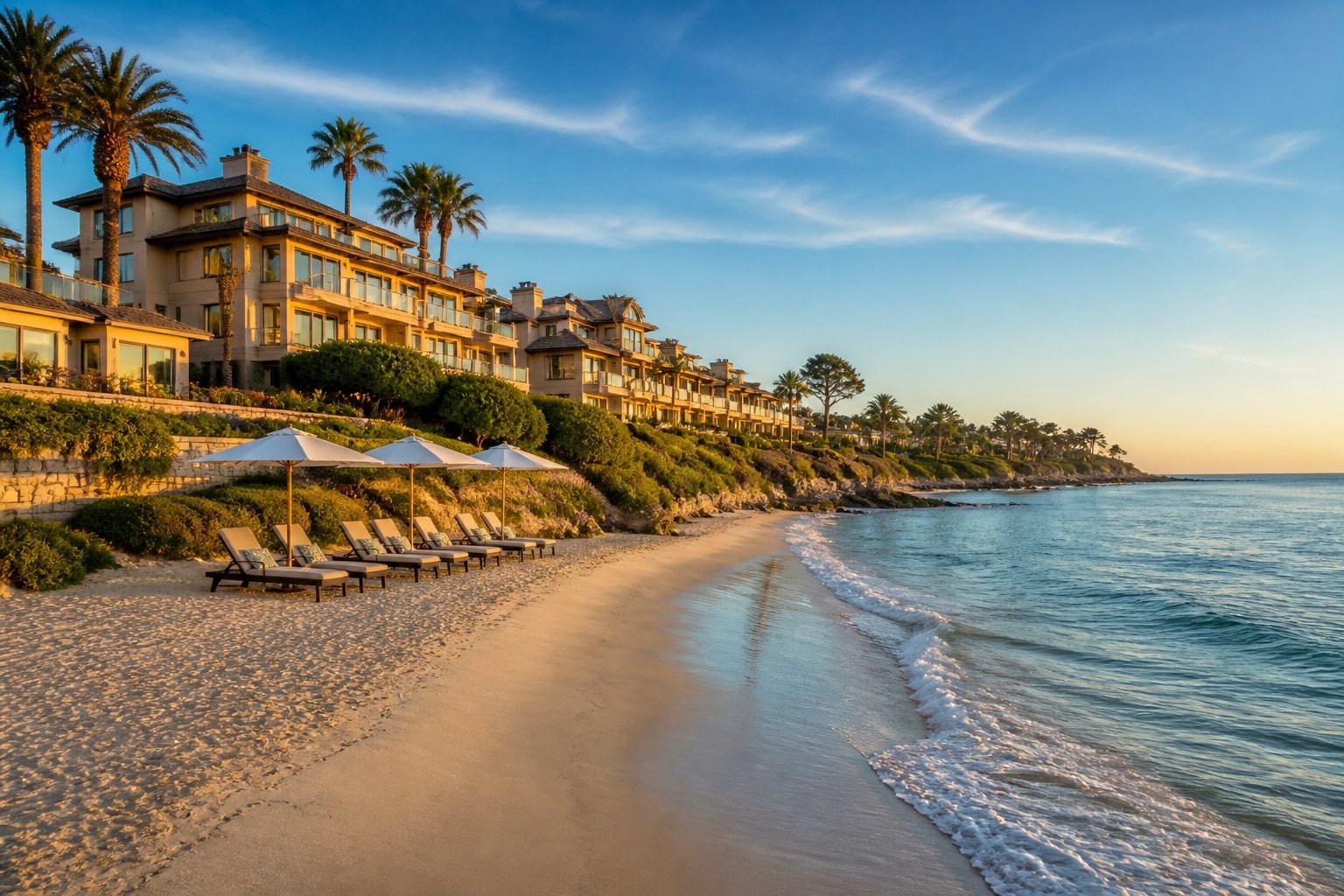 Beachfront view of a luxurious resort with sandy shore, palm trees, and calm ocean under a clear sky.