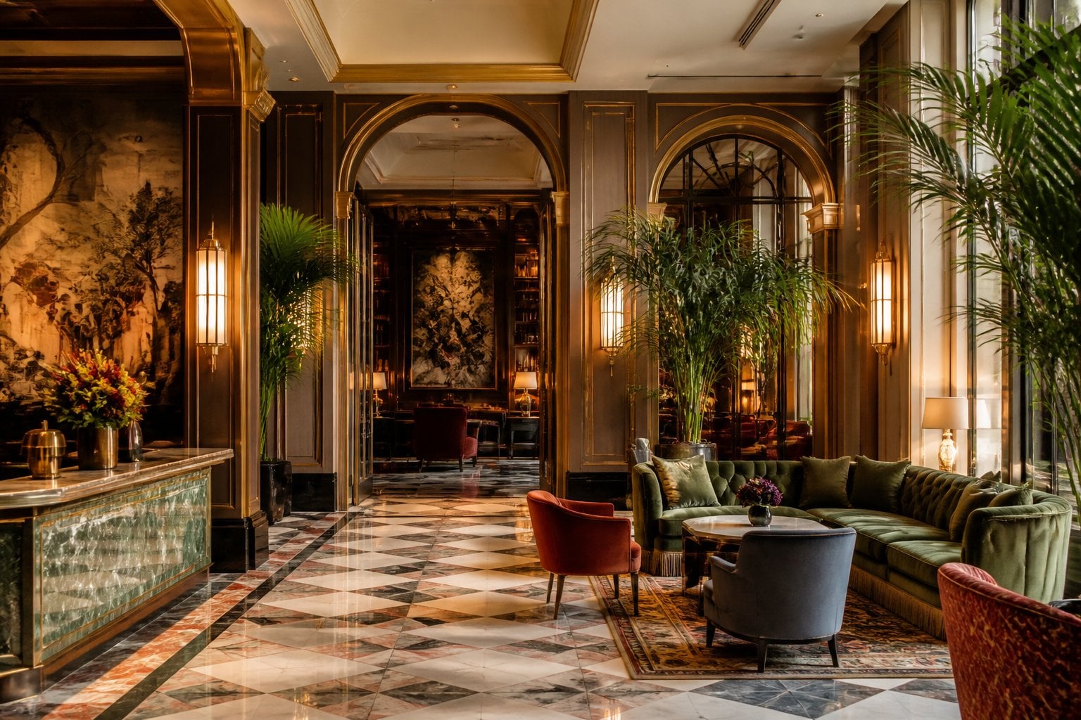Luxurious hotel lobby with velvet seating, marble floors, gold accents, large windows, and indoor plants.