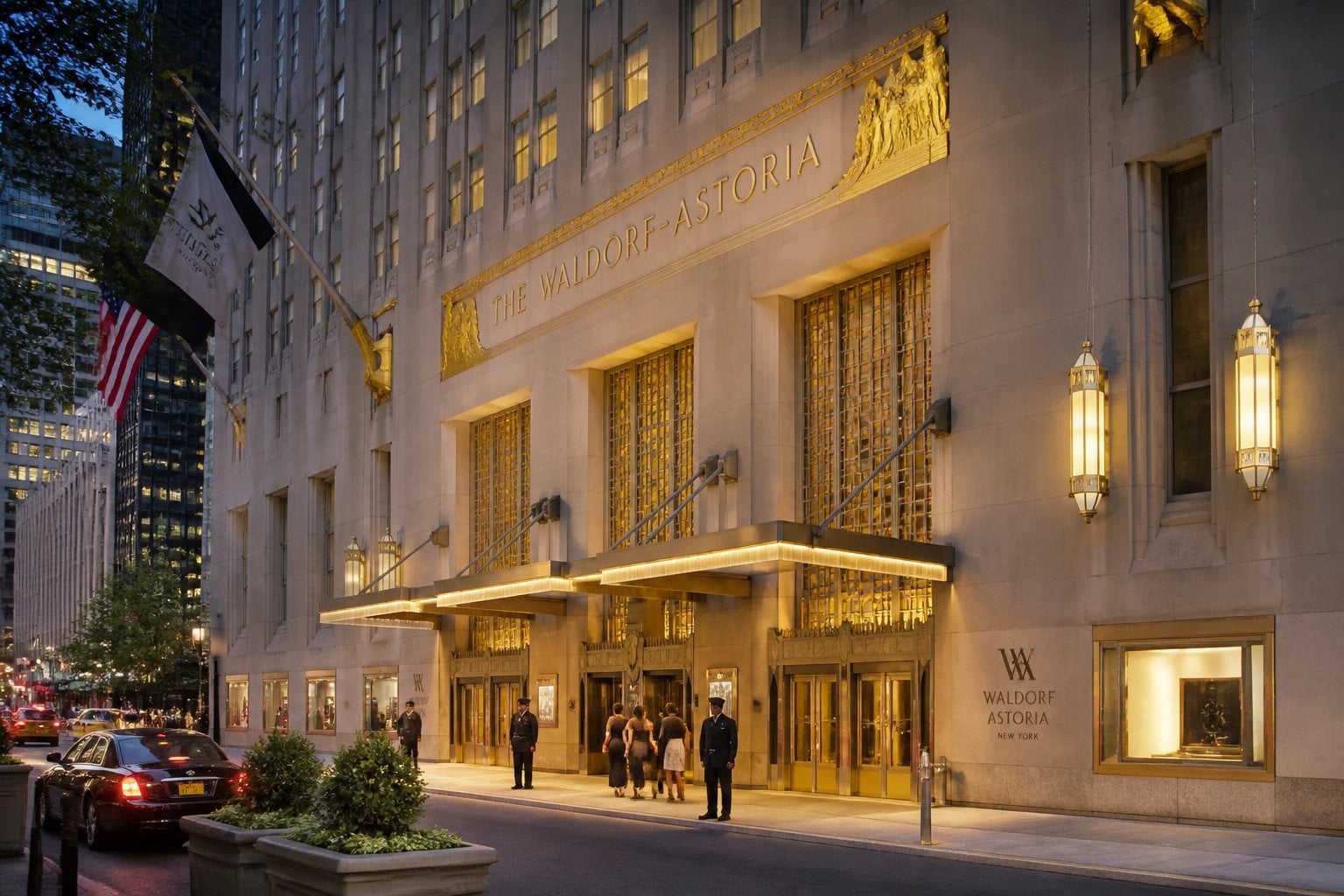 The grand entrance of the Waldorf Astoria New York hotel with guests arriving and doormen welcoming them in an upscale city setting.