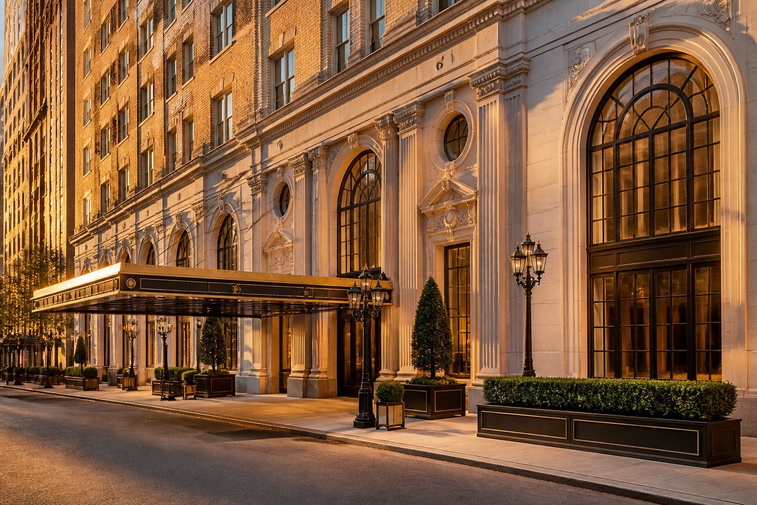 The exterior of The Carlyle hotel in New York City showing its elegant facade and grand entrance during sunset.