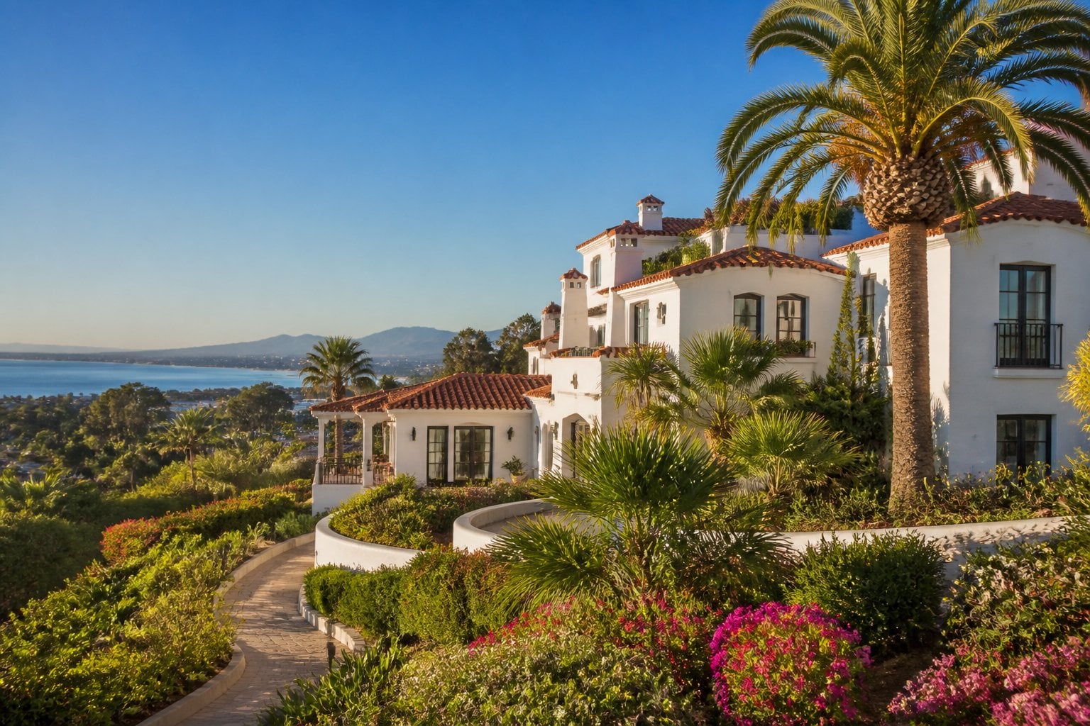 Exterior view of a luxurious Mediterranean-style hotel surrounded by gardens and palm trees with a clear blue sky in the background.
