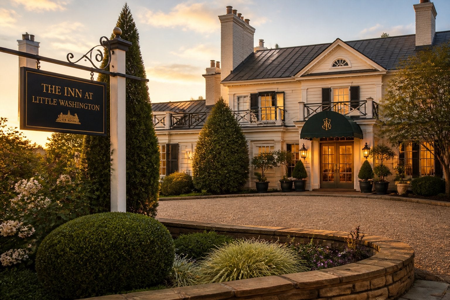 Exterior view of The Inn at Little Washington with historic architecture and well-kept gardens during sunset.