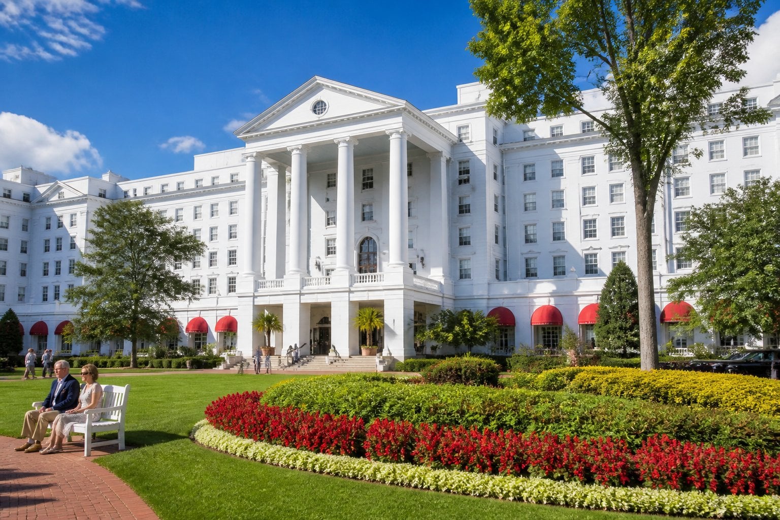 The grand exterior of The Greenbrier hotel surrounded by green lawns and trees on a sunny day with guests near the entrance.