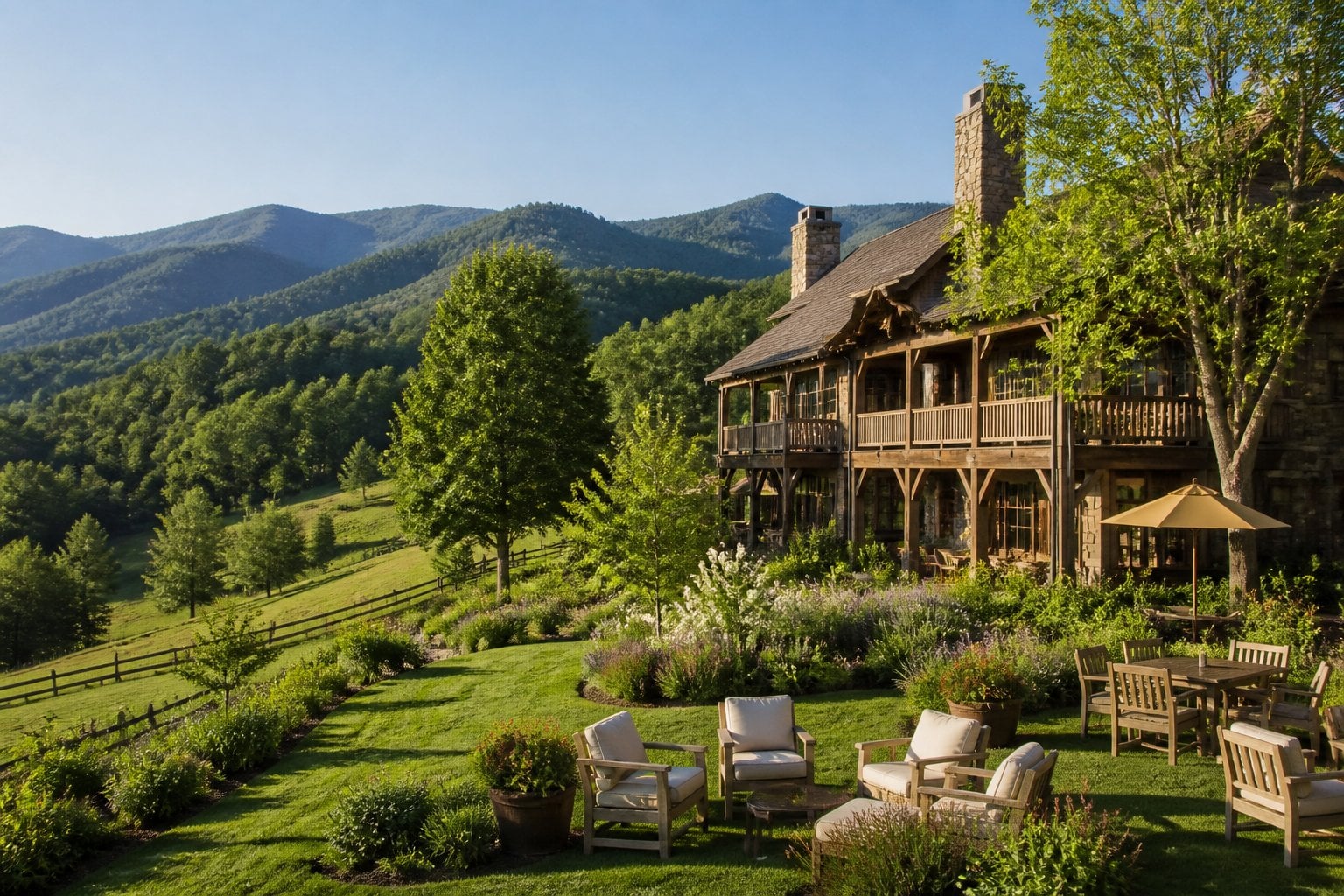 A luxurious countryside hotel with rustic architecture surrounded by green hills, gardens, and mountains in the background.