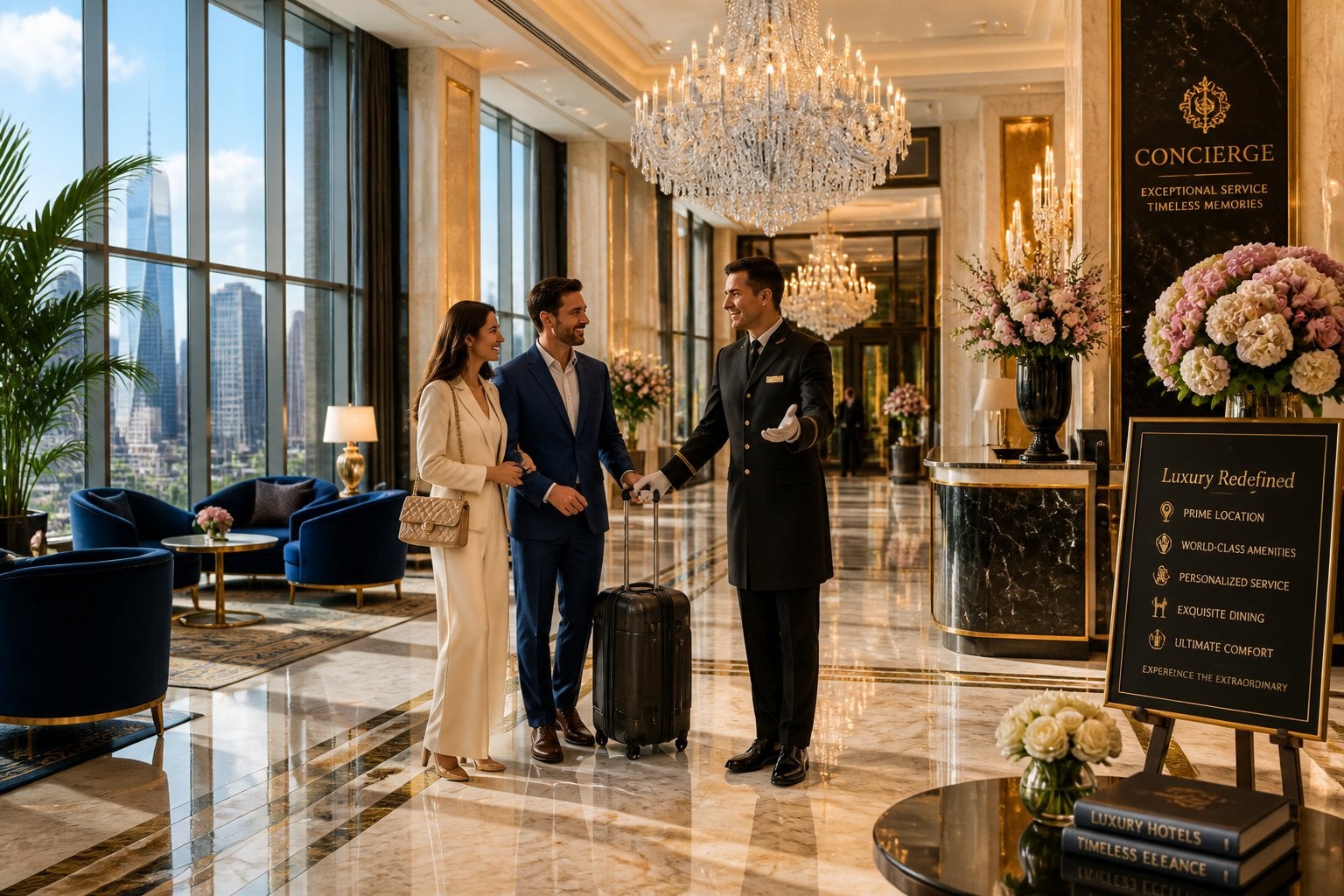 A luxurious hotel lobby with marble floors, chandeliers, velvet seating, a concierge helping a couple, and a city skyline visible through large windows.