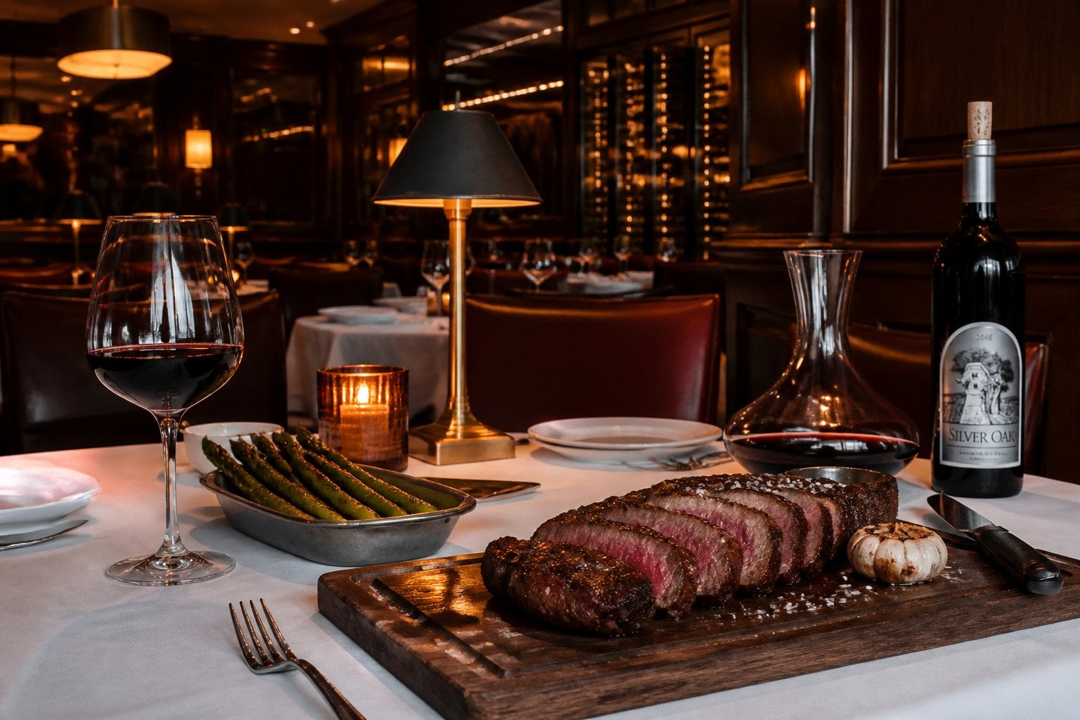 A dining table in an upscale steakhouse with a cooked steak, side dishes, and elegant table settings.