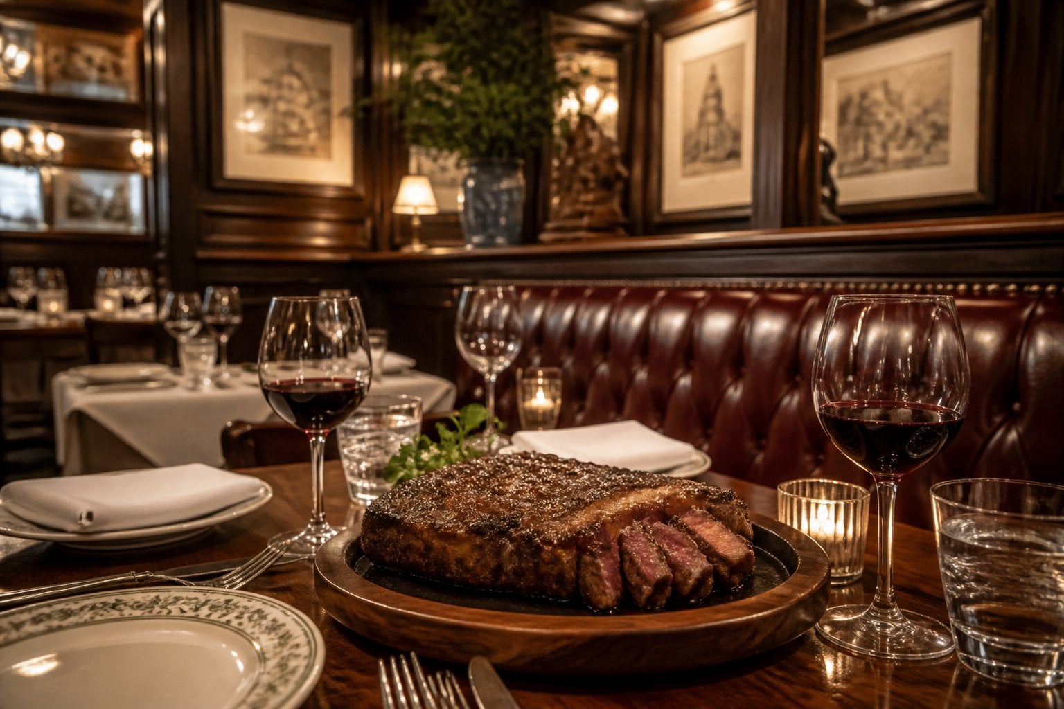 Interior of an upscale steakhouse with wooden booths, a table set with a steak, wine glasses, and silverware under warm lighting.