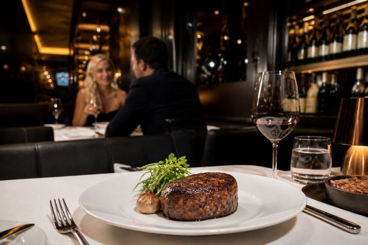 A beautifully plated steak on a table in a luxurious steakhouse with elegant decor and a couple dining in the background.